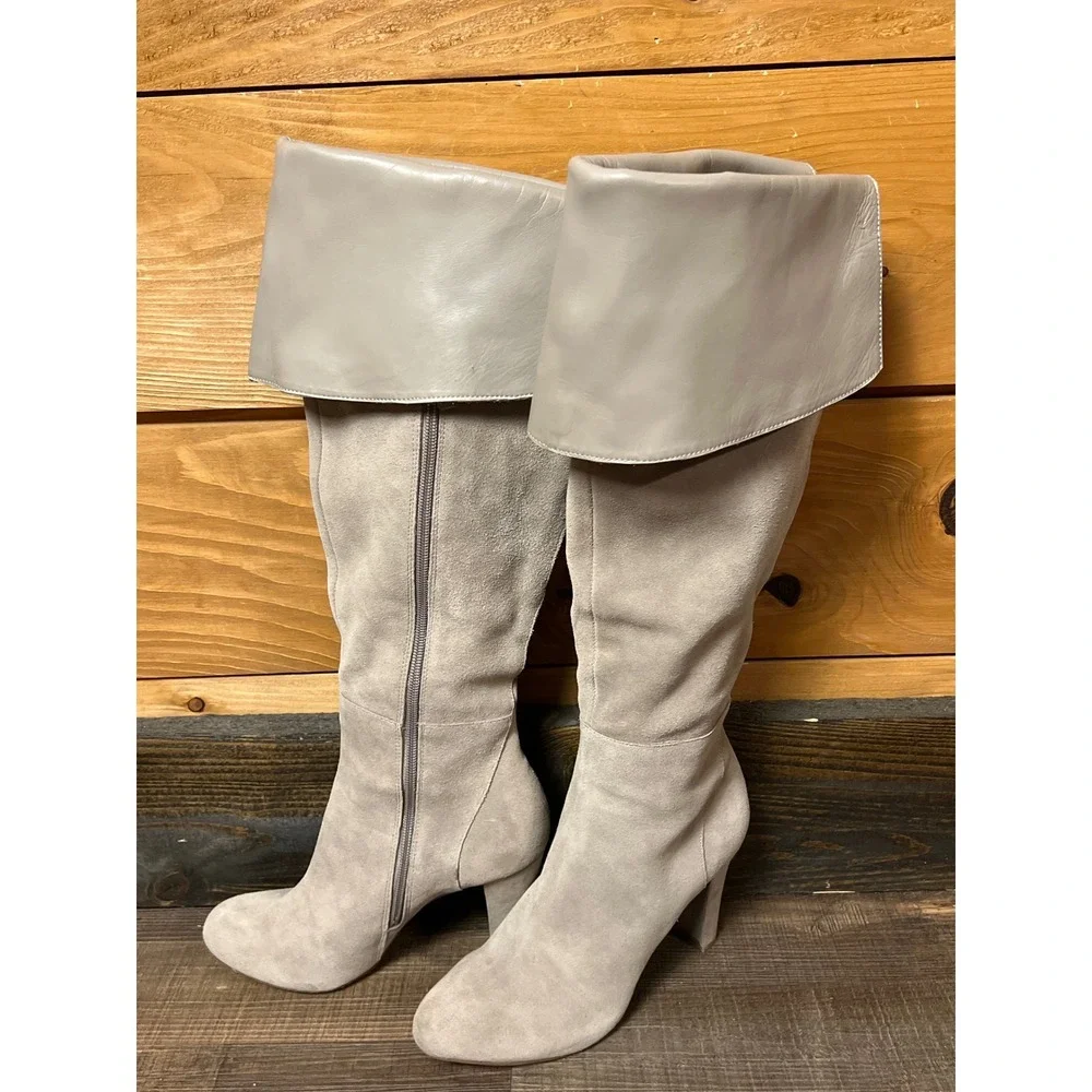 White‎ House Black Market Suede Leather Fold Over the KneeTall Boots Gray 7.5M